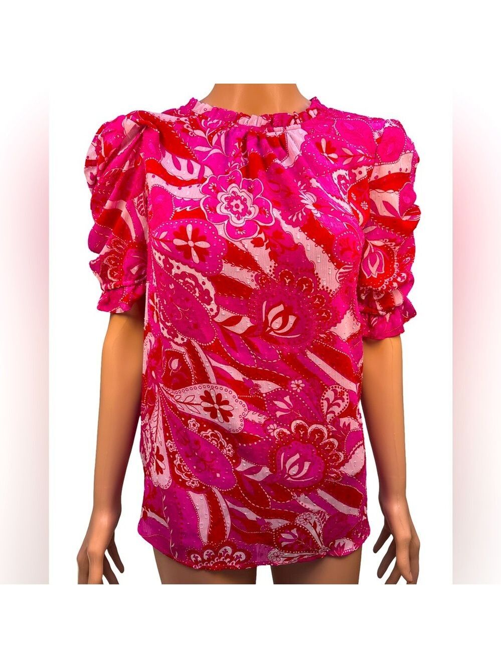 Rachel Zoe Vibrant Pink Floral Short Sleeve Blouse Large